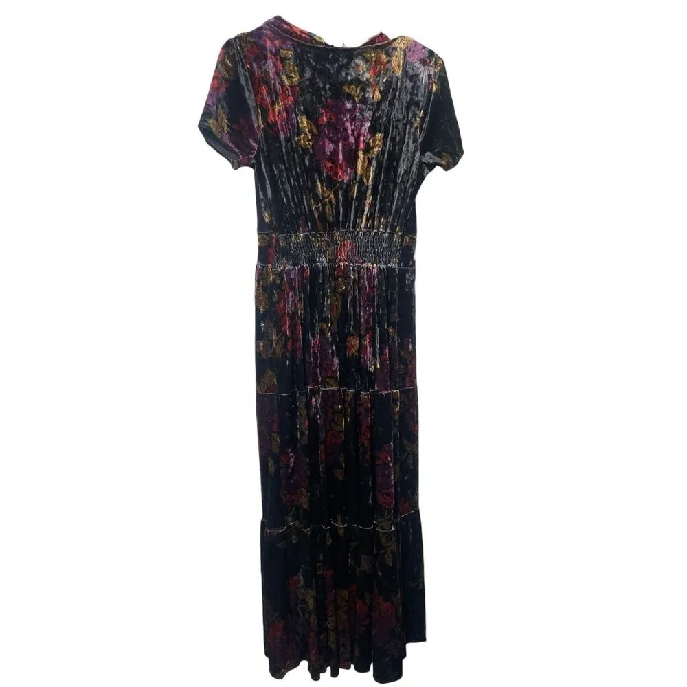 The Pyramid Collection Velvet Tiered Maxi Dress S Black Floral Whimsy Goth Witch - Picture 3 of 8
